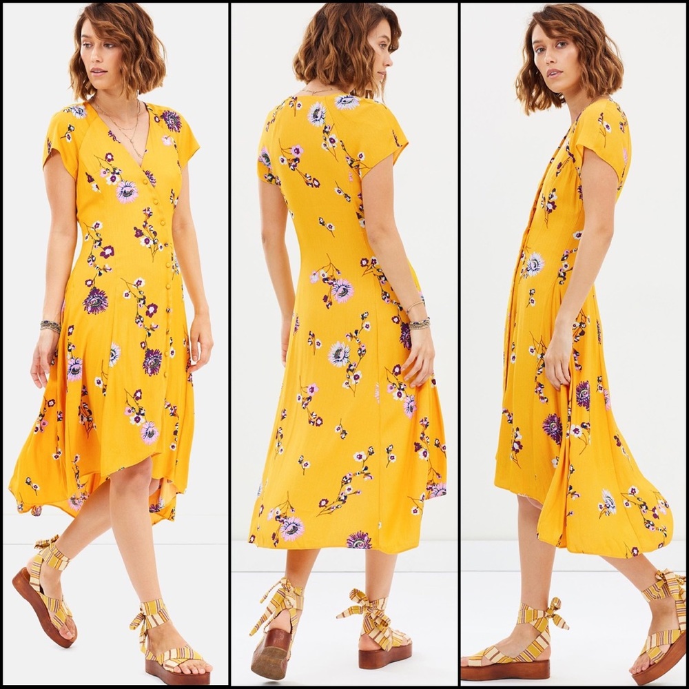 Free People Golden Yellow Floral Wrap High Low Midi Maxi Dress